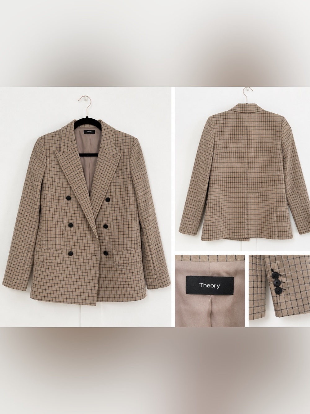 Theory Taupe Windowpane Double-Breasted Blazer